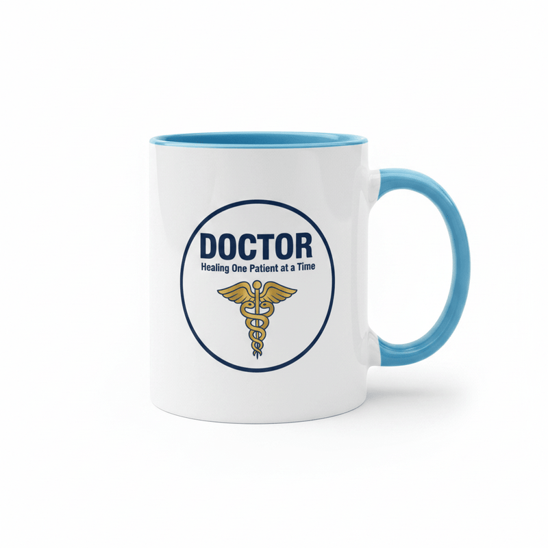 Doctor Appreciation Coffee Mug — Healing One Patient at a Time | Blue Inside & Handle - Flavorful Bliss Coffee Company