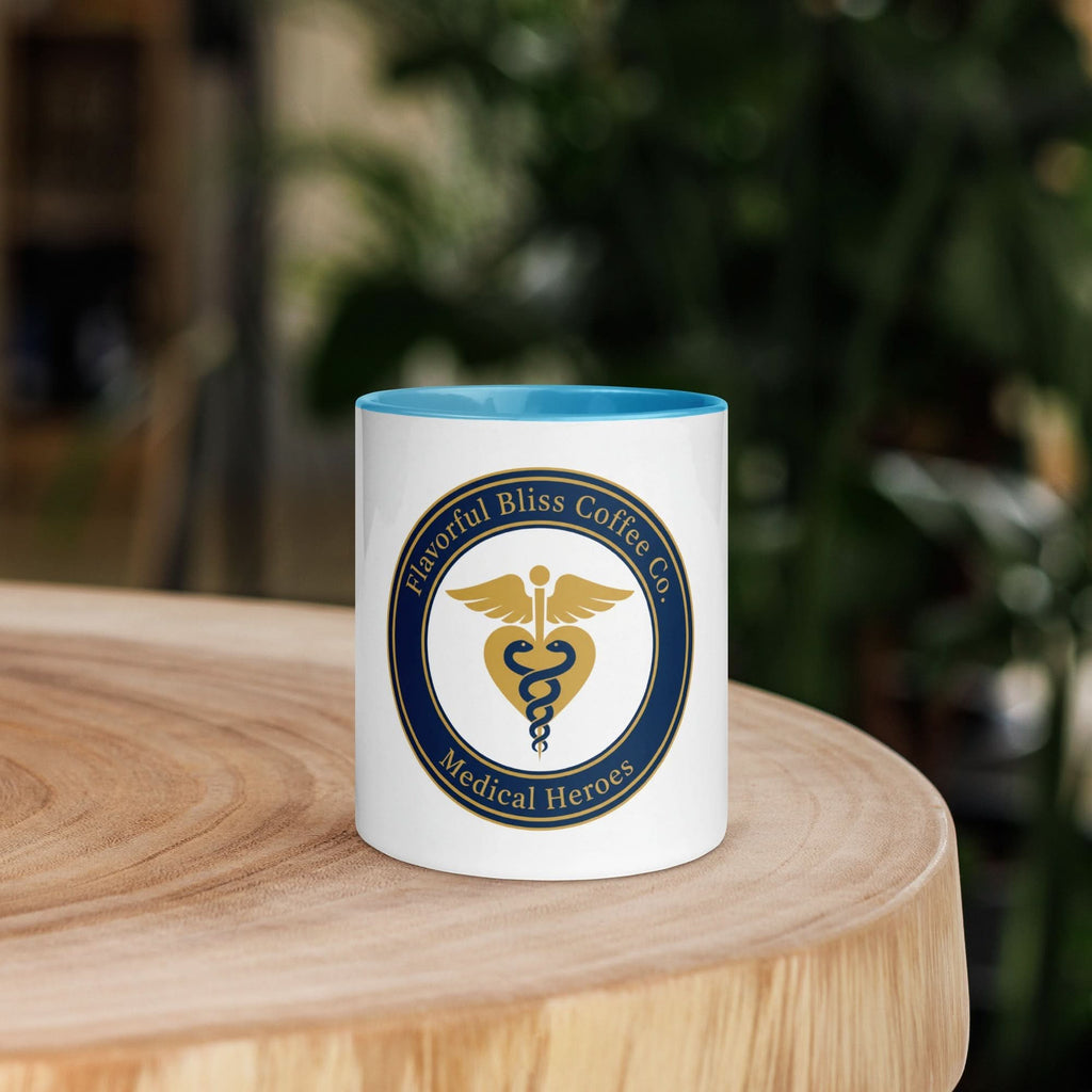 Medical Heroes Coffee Mug — Caduceus Badge Design | Blue Inside & Handle - Flavorful Bliss Coffee Company