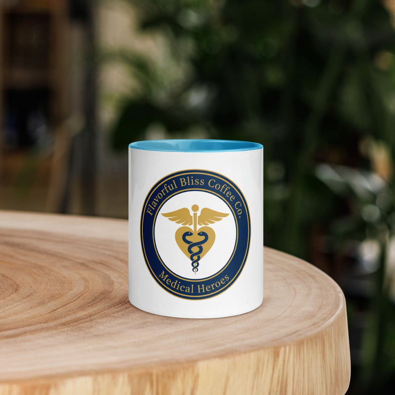 Medical Heroes Coffee Mug — Caduceus Badge Design | Blue Inside & Handle - Flavorful Bliss Coffee Company
