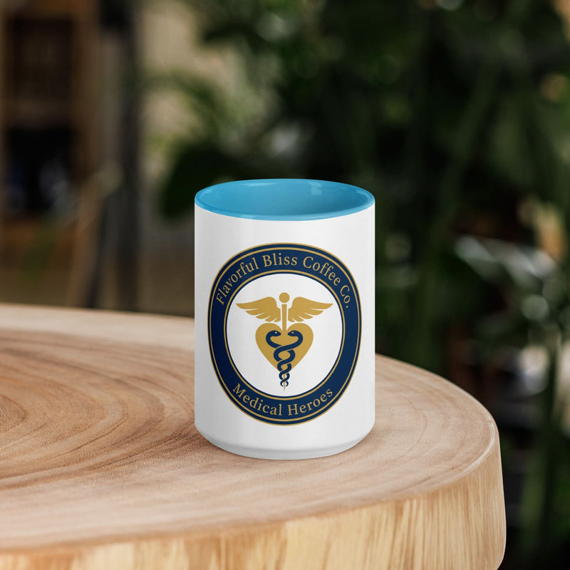 Medical Heroes Coffee Mug — Caduceus Badge Design | Blue Inside & Handle - Flavorful Bliss Coffee Company