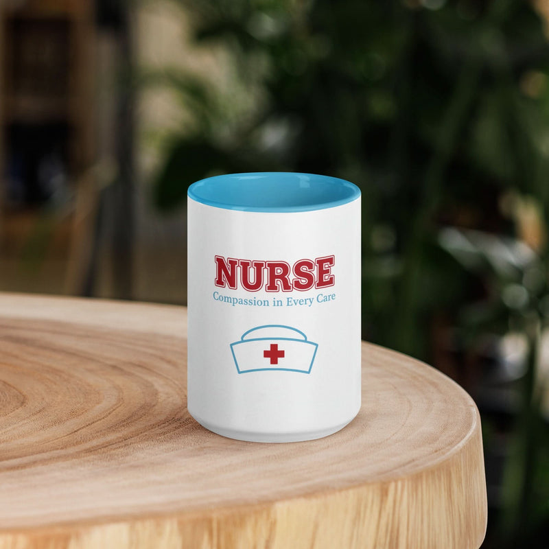 Nurse Appreciation Coffee Mug — Compassion in Every Care | Blue Inside & Handle - Flavorful Bliss Coffee Company