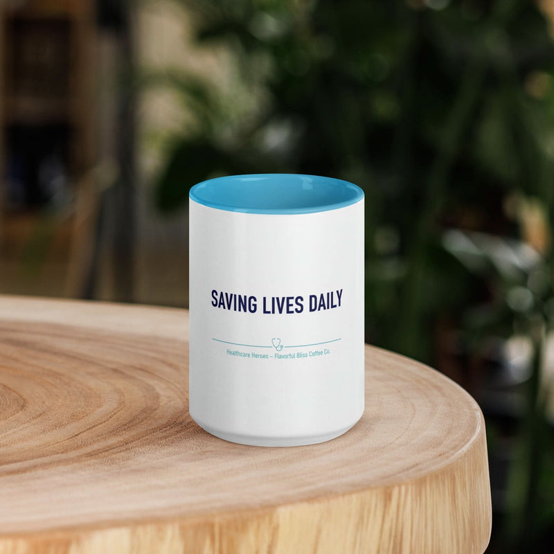Saving Lives Daily — Healthcare Hero Coffee Mug | Blue Inside & Handle - Flavorful Bliss Coffee Company