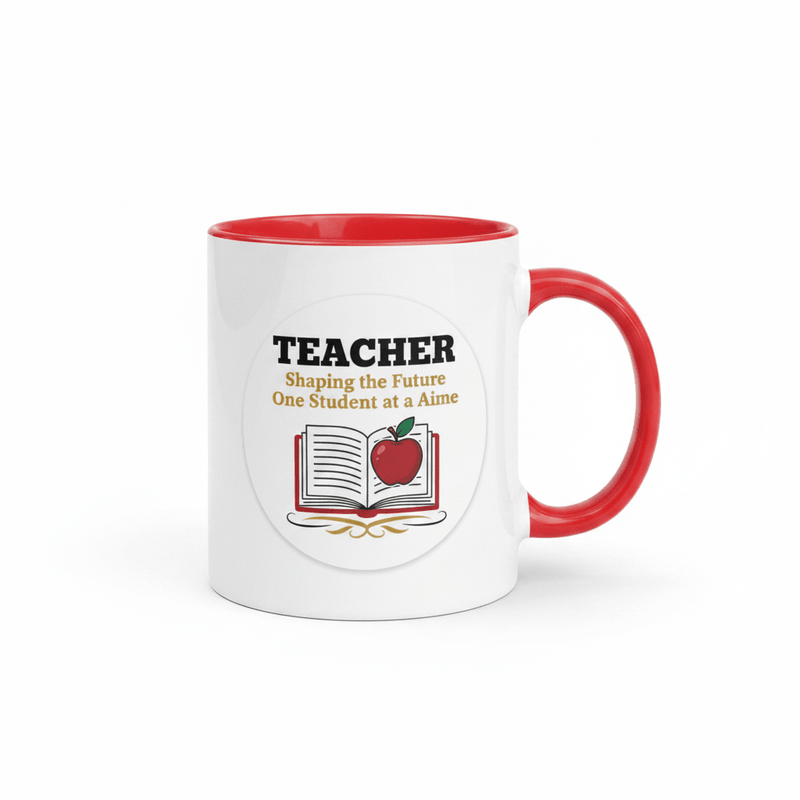 Teacher Appreciation Coffee Mug — Apple & Book Design | Red Inside & Handle - Flavorful Bliss Coffee Company