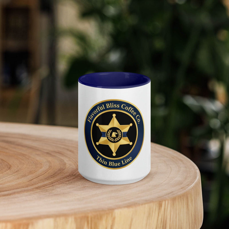 Thin Blue Line Police Badge Coffee Mug — Protect & Serve | Navy Inside & Handle - Flavorful Bliss Coffee Company