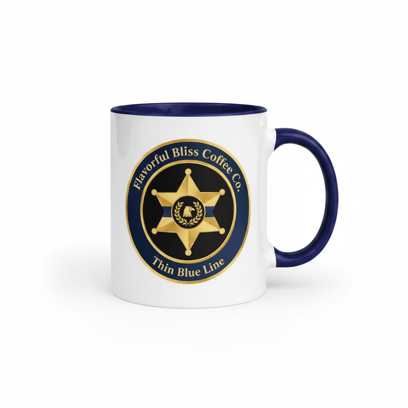 Thin Blue Line Police Badge Coffee Mug — Protect & Serve | Navy Inside & Handle - Flavorful Bliss Coffee Company
