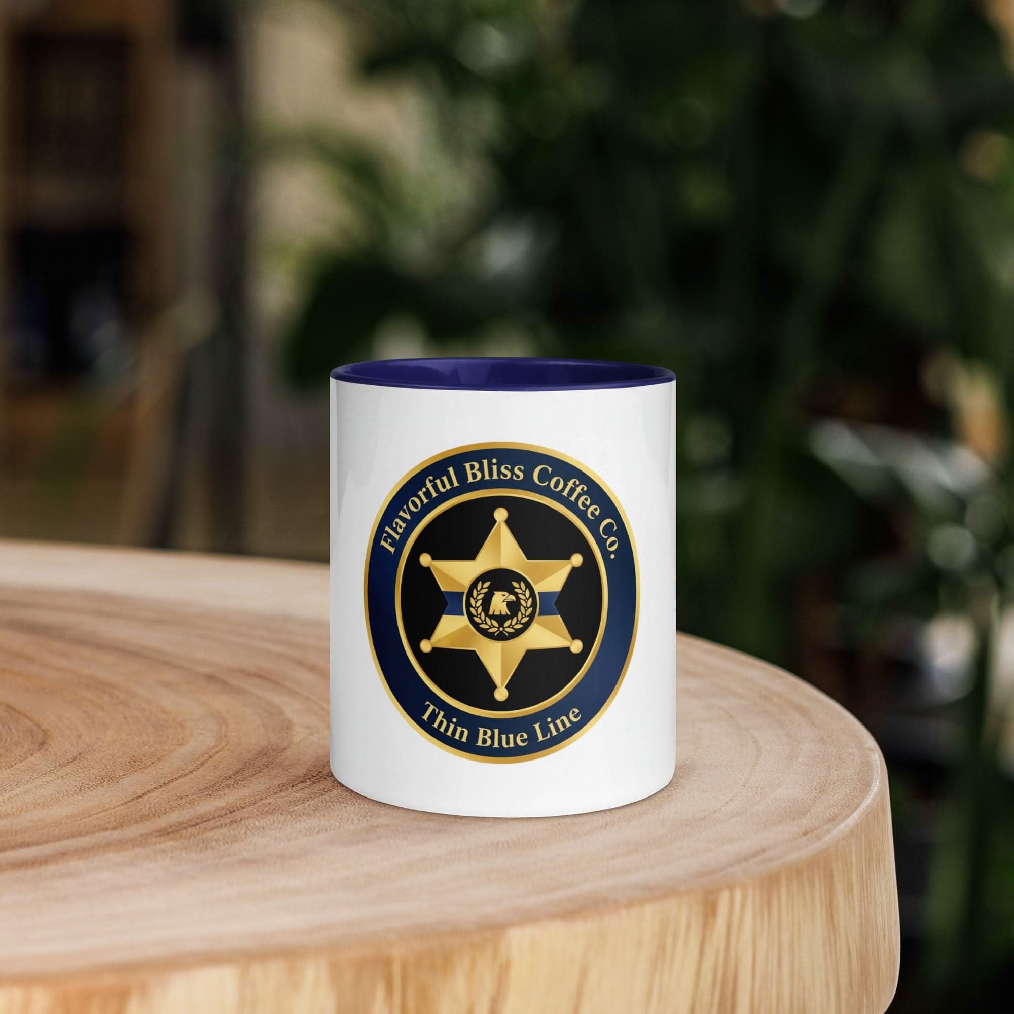 Thin Blue Line Police Badge Coffee Mug — Protect & Serve | Navy Inside & Handle - Flavorful Bliss Coffee Company