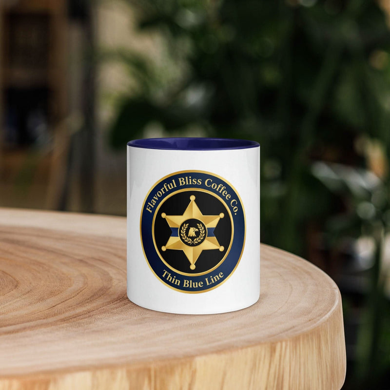 Thin Blue Line Police Badge Coffee Mug — Protect & Serve | Navy Inside & Handle - Flavorful Bliss Coffee Company