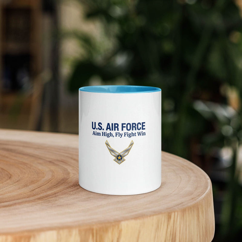 US Air Force Coffee Mug — Aim High Fly Fight Win | Blue Inside & Handle - Flavorful Bliss Coffee Company