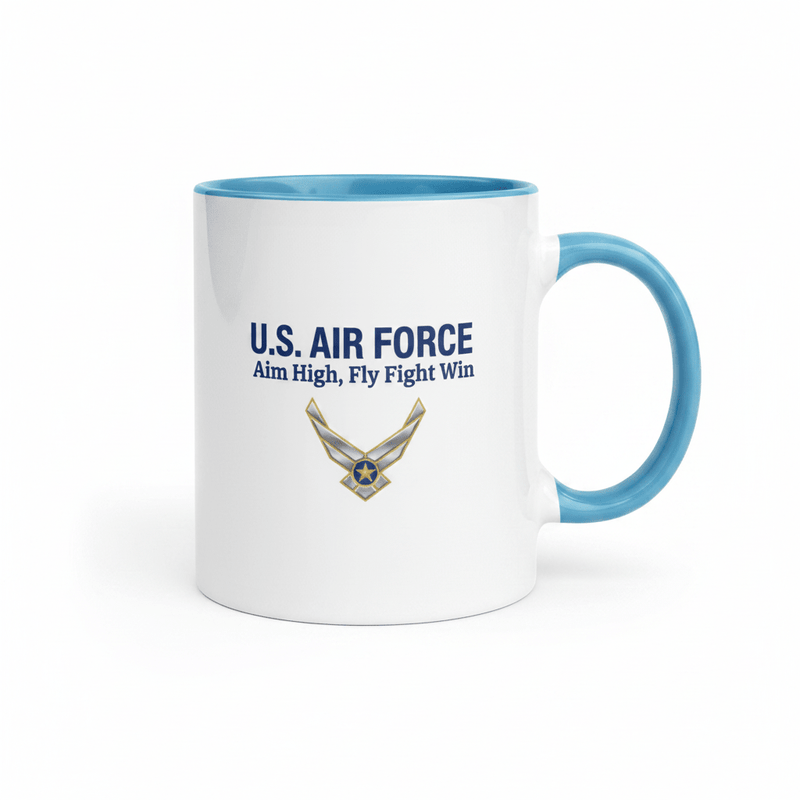 US Air Force Coffee Mug — Aim High Fly Fight Win | Blue Inside & Handle - Flavorful Bliss Coffee Company