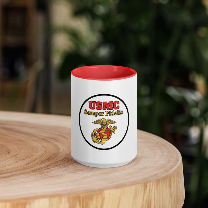 USMC Marine Corps Coffee Mug — Semper Fidelis | Red Inside & Handle - Flavorful Bliss Coffee Company
